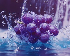 Wall Mural - Grapes in purple juice splashed with water. Ripe grapes splashed with water. Juiciest fruit and juice. Water drops. Stock illustration.