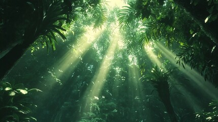 Wall Mural - sunlight streaming through dense green foliage in a jungle.