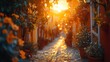 © Iona - Bathed in golden light, a charming European alley adorned with flowers invites exploration and whispers stories of history and beauty.