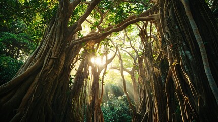 Wall Mural - sunlight streams through the canopy of a dense tropical forest, illuminating the intricate roots of 