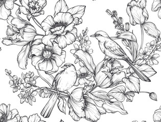 Wall Mural - Beautiful hand drawn vector seamless pattern with black and white garden flowers birds. Endless background with spring garden plants