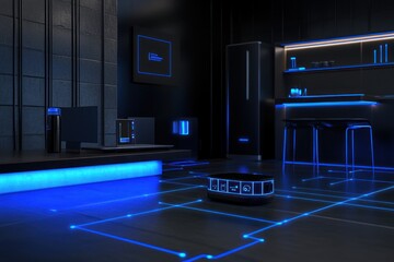 Wall Mural - A modern, tech-inspired room featuring sleek furniture and glowing blue accents.