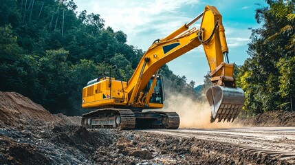 An excavator digging a trench in a forest as sunlight filters through the trees.