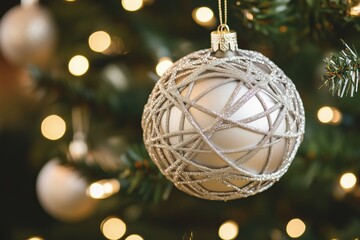 Closeup shot of the modern christmas wire-wrapped bauble hanging on the christmas tree. Blurry background including other decorations and christmas lights. 