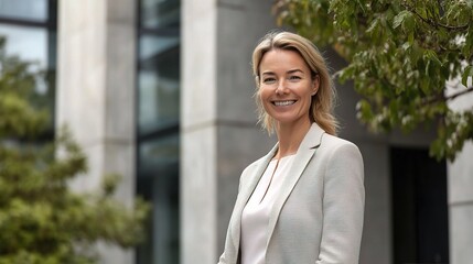 Sticker - Professional Woman Smiling Outside Modern Building