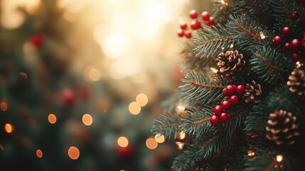 closeup of branch of the traditional christmass tree decorated with natural cones and red christmass