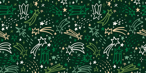 Seamless pattern with Cute doodle  shooting stars.  Hand drawn vector illustration. Naive childish design. Funny Christmas galaxy background, wrapping paper.