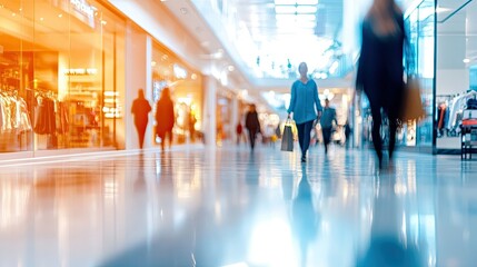 An upscale department store background with bright, polished tones and blurred shoppers, capturing the essence of a high-end retail environment.