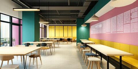 Sticker - A modern, colorful workspace featuring tables and chairs for collaboration and dining.