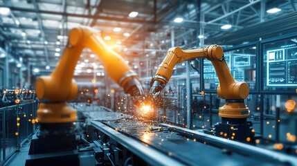 Poster - Industrial Robots Welding in Modern Factory Environment