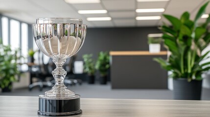 Canvas Print - A trophy displayed in a modern office environment with plants and a reception area.