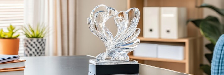 Poster - A decorative crystal sculpture symbolizing unity, placed on a modern desk in a bright room.