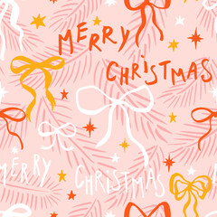 Wall Mural - Seamless Christmas patterns with various bow knots, gift ribbons and stars. Trendy xmas design. Hand drawn vector illustration. Holiday background, wrapping paper.