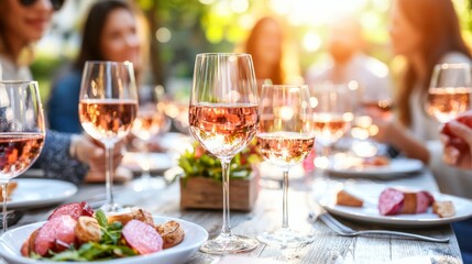 Outdoor sunset dining setup, featuring a glass of wine, gourmet food, and people socializing in the background. Birthday, corporate party.