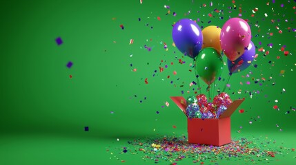 An isolated banner template for a sale promotion, lifestyle advertising with copy space is depicted in this 3D rendering of a open gift box with balloons on a green background. The design could be