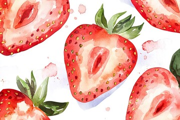 Wall Mural - Watercolor illustration of strawberries on a seamless background