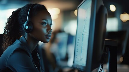 Sticker - Focused Woman in Headset Working on Computer