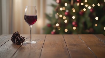 A glass of red wine sits on a wooden table, accompanied by a pinecone, with a festive Christmas tree in the background.