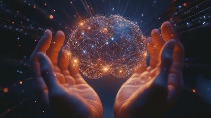 Poster - Hands Holding a Connected Brain Illustration