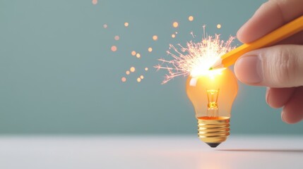 Wall Mural - A hand holding a pencil, drawing a light bulb with sparks around it, representing a moment of inspiration and new ideas.