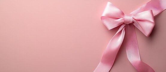 A pink ribbon bow on a solid background, with space for text or product placement. Web banner with copy space in corner. 