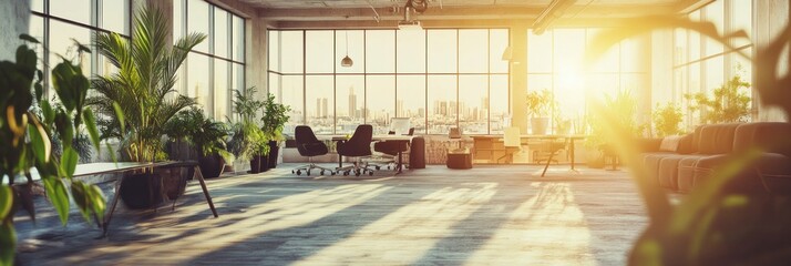 Poster - Bright, modern office space with plants and city view at sunset.