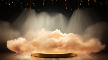 Wall Mural - golden round podium with light clouds, a stage for a new product with an empty copy space