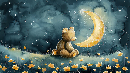 Wall Mural - watercolor bear in an illustration of a night landscape with a lunar crescent