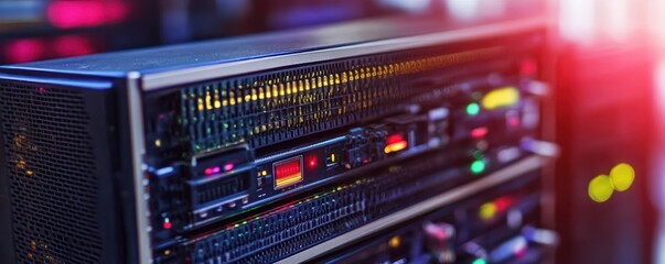 Poster - A close-up of a server rack with illuminated components, showcasing technology infrastructure.