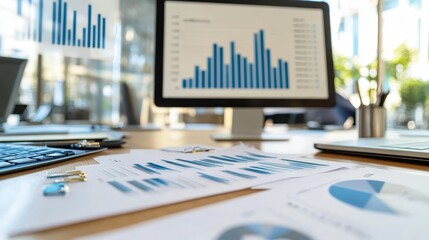 A modern office workspace featuring charts and graphs displayed on a computer and printed reports on a desk.