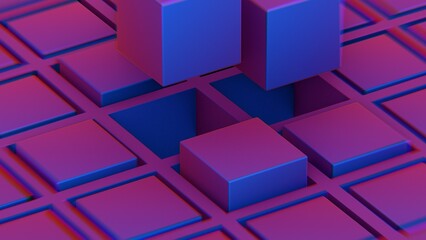 Fototapete - Abstract composition with blue and pink cubes and grid structure..
