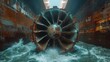 © Dmitry - A massive propeller splashes through the churning water, revealing its grandeur within an industrial shipyard, framed by aging rust and metal