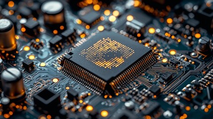 Close-up of a microprocessor on a circuit board with glowing connections.