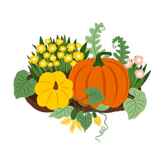 Wall Mural - vector pumpkin patch with yellow and pink flowers, leaves, autumn composition. holiday greeting card