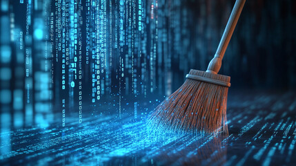 Digital concept of data cleansing with a broom sweeping away binary code, representing cybersecurity and data protection