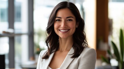 Beautiful fair-skinned woman with dark hair smiling confidently in a modern office environment, dressed in professional attire with natural light coming through large windows