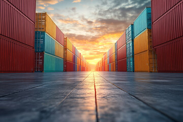 Industrial cargo containers are stacked high at a busy port terminal as the sun sets on the horizon