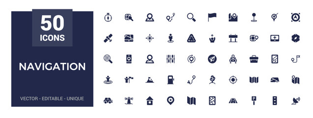 Icons set of navigation. Relatate to location solid icon collection. Glyph icon set for web and ui. Filled icons pack, Vector illustration.