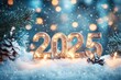 © Vitalii Shkurko - Celebratory winter scene featuring illuminated 2025 numerals surrounded by pinecones and snow with festive lights in the background