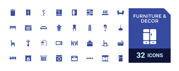 Furniture and decor solid icons set. Glyph icon collection for web and ui. Filled icon pack, Vector illustration. Editable and Pixel perfect.