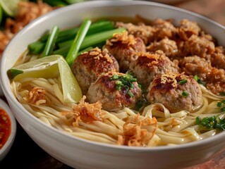 Bowl of Noodles with Meatballs, Lime, and Green Onions