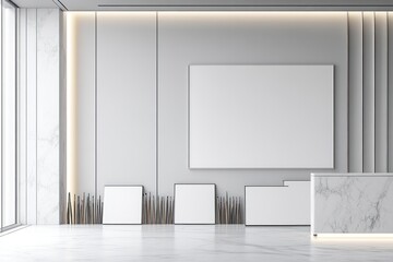 Canvas Print - A modern, minimalist reception area with white walls and sleek furniture.