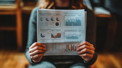 Poster - A person is holding a detailed report featuring various charts and graphs, possibly analyzing data trends and statistics.