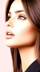 Wall Mural - A woman with long brown hair and a light brown face. She has a light brown eye shadow and a light brown lipstick