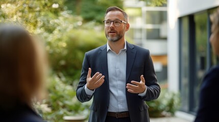 A professional man speaks engagingly in an outdoor setting, gesturing to emphasize his points while engaged with an audience.