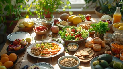 Poster - A wooden table is filled with an array of colorful, healthy foods showcasing fresh fruits, vegetables, nuts, and nutritious meals. Generative AI