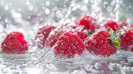 Ripe red raspberries in a splash of water close-up, dynamic image