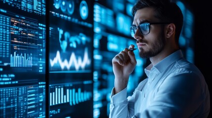 Wall Mural - A man in a white shirt analyzes data on digital screens, showcasing graphs and statistics in a high-tech environment.