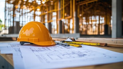 A construction blueprint spread out on a table with tools and a hard hat nearby, surrounded by the framework of a new building Close-up photo with clean background