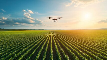 A drone flying over a vast field of crops, capturing real-time data on plant health and growth, with the horizon and sky in the background 